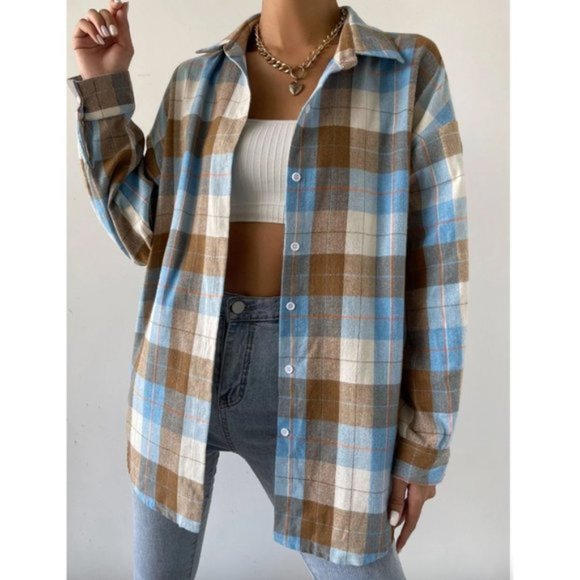 Boyfriend Drop Shoulder Plaid Blouse - Picture 4 of 6